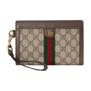 GUCCI Ophidia Canvas With Leather Clutch Wrist Bag Handbag Women's Ebony/Brown