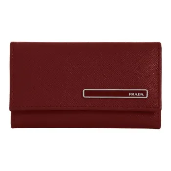 PRADA Saffiano Leather Patchwork With Cow Leather Wallet Key Pouch Women's Burgundy