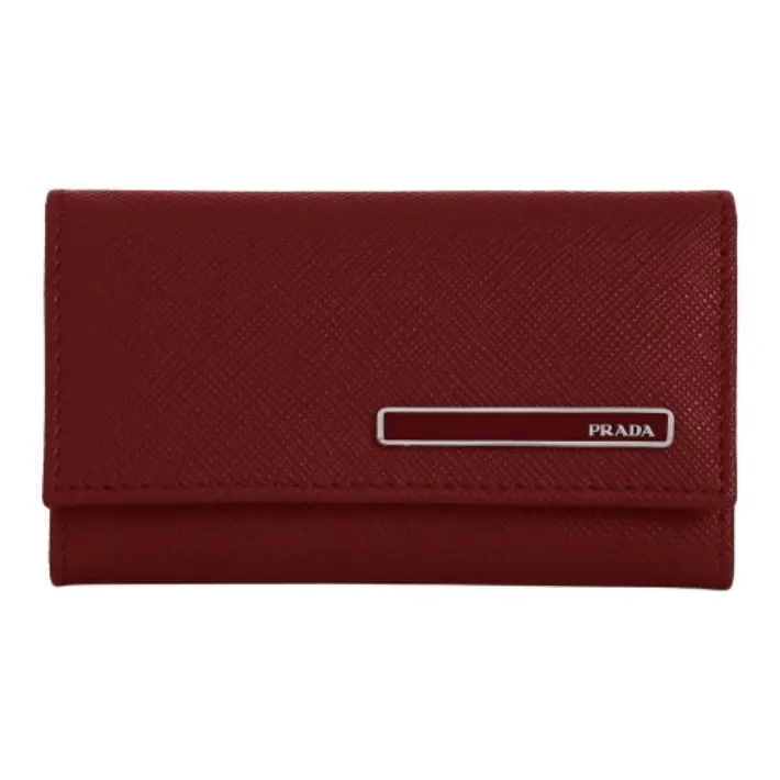 PRADA Saffiano Leather Patchwork With Cow Leather Wallet Key Pouch Women's Burgundy-0