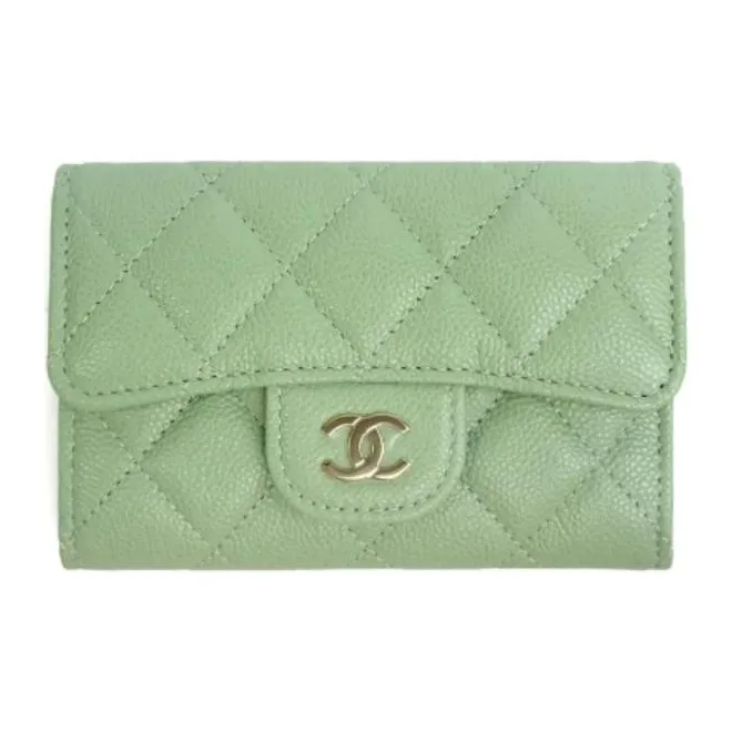 CHANEL Grain Caviar Calfskin Coin Purse, Card Holder Women's Green-0