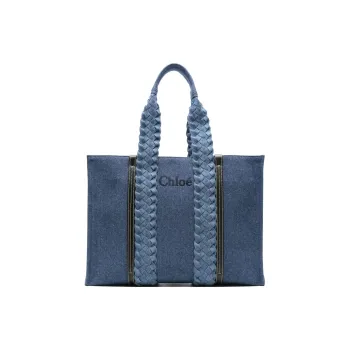 Chloe Woody Cotton With Calfskin Tote Bag Shopping Bag Handbag Large Size Women's Indigo