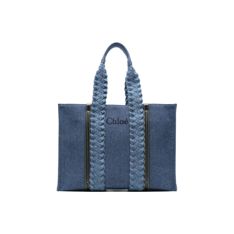 Chloe Woody Cotton With Calfskin Tote Bag Shopping Bag Handbag Large Size Women's Indigo-0