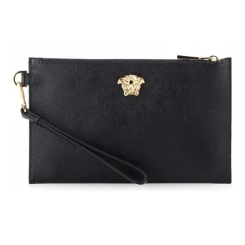VERSACE Leather Wrist Bag Clutch Trumpets Men's Black