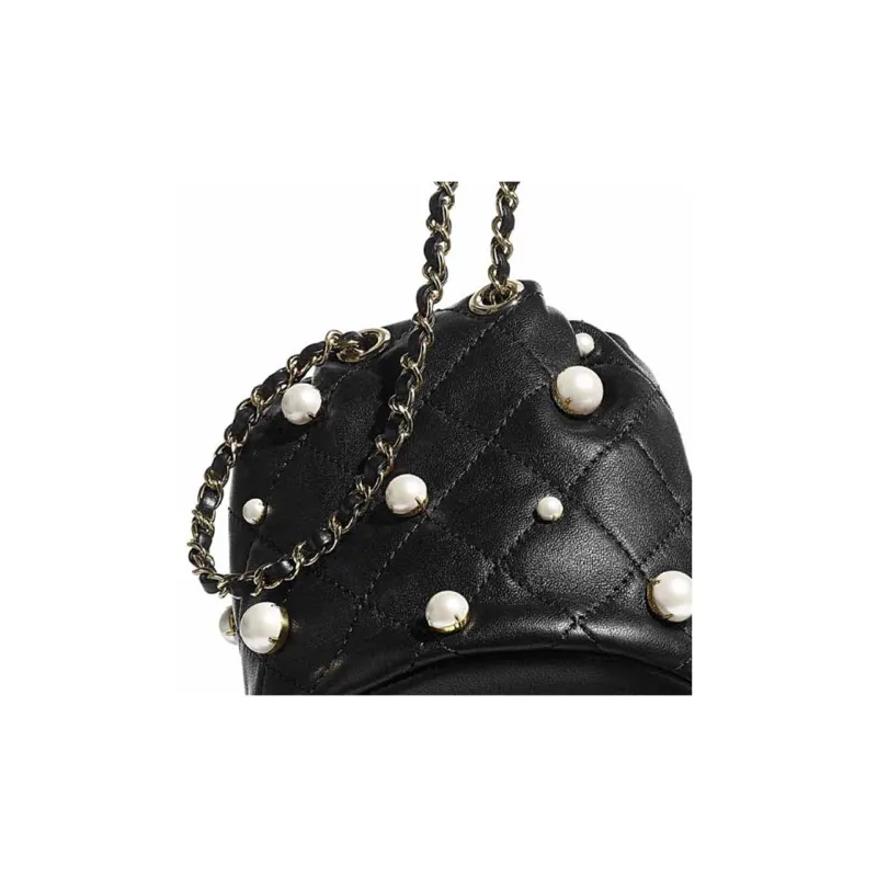 CHANEL Pearl Sheepskin Bucket Bag, Shoulder Bag, Crossbody Bag Mini Women's Black-3