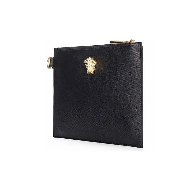 VERSACE Leather Wrist Bag Clutch Trumpets Men's Black-2