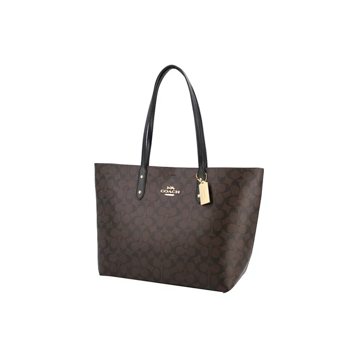 COACH Town Coated Canvas With Smooth Leather Tote Bag, Shopping Bag, Handbag, Shoulder Bag Women's Dark Brown-1