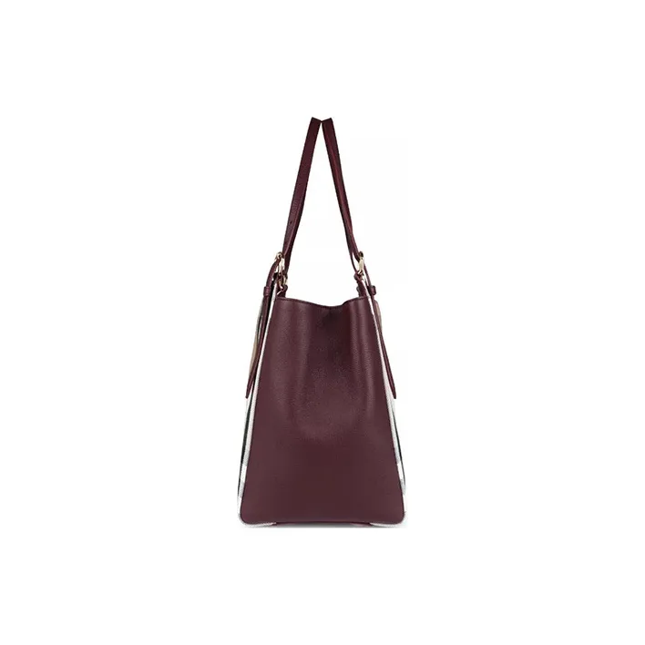 Burberry Canvas With Soft Leather Tote Bag Shopping Bag Handbag Canvas Bag Small Size Women's Mahogany Red-1