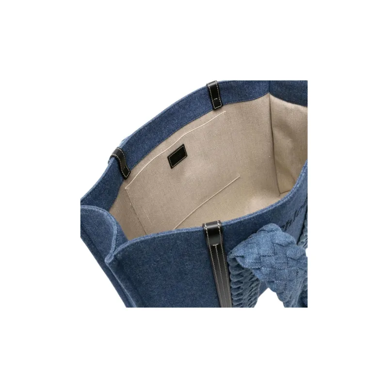 Chloe Woody Cotton With Calfskin Tote Bag Shopping Bag Handbag Large Size Women's Indigo-3