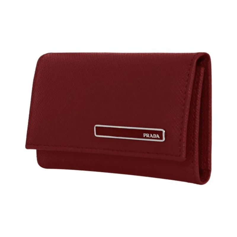 PRADA Saffiano Leather Patchwork With Cow Leather Wallet Key Pouch Women's Burgundy-1