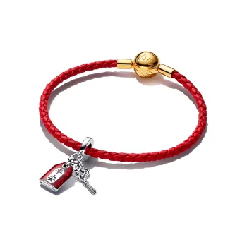 Pandora 925 Sterling Silver Cow Leather Bracelets Women's Red
