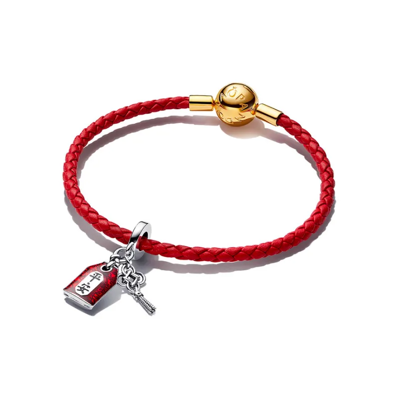 Pandora 925 Sterling Silver Cow Leather Bracelets Women's Red-0