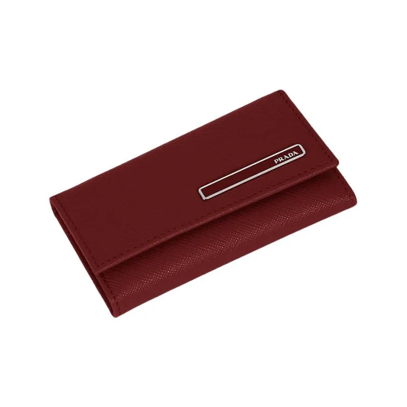 PRADA Saffiano Leather Patchwork With Cow Leather Wallet Key Pouch Women's Burgundy-2