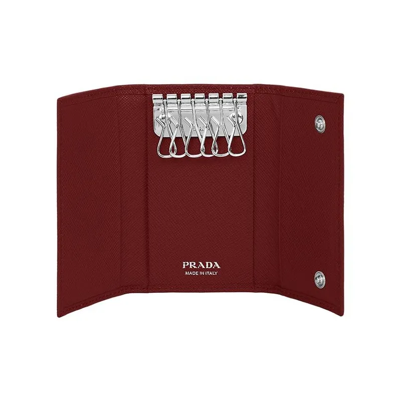 PRADA Saffiano Leather Patchwork With Cow Leather Wallet Key Pouch Women's Burgundy-4