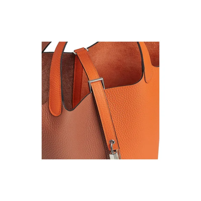 HERMES Picotin Clemence Bullock Leather Basket Bag Handbag Bucket Bag Women's Orange And Brown-3