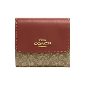 COACH Trifold Wallet Canvas With Leather Card Holder Wallet Small Size Women's Brown & Khaki