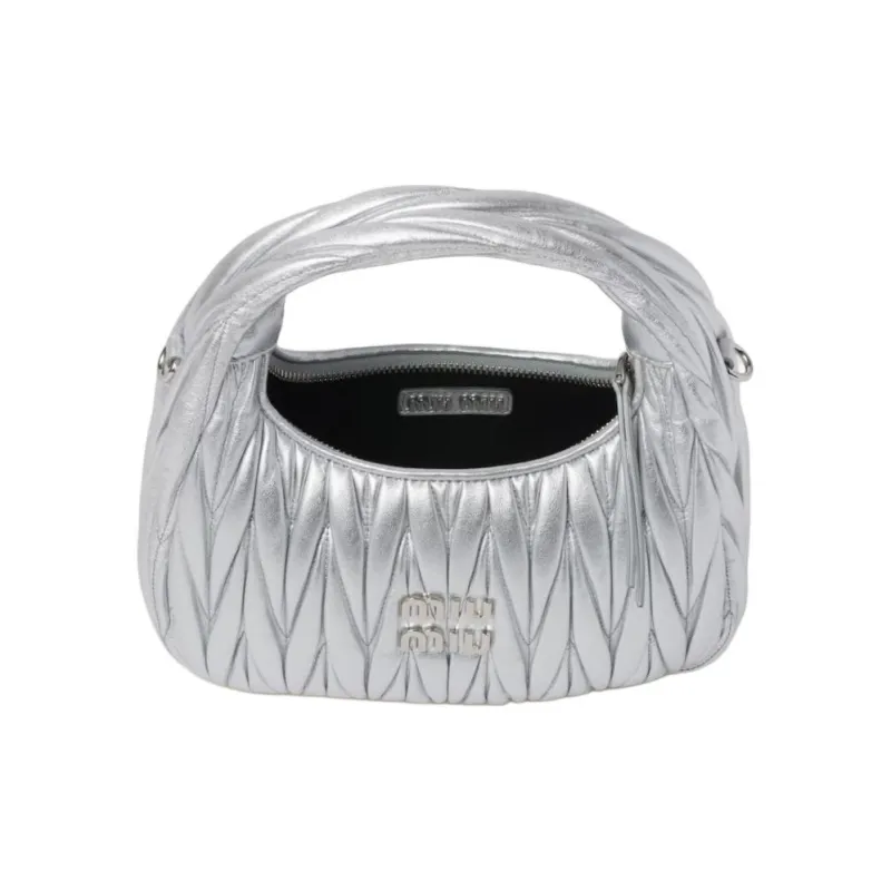 MIU MIU Wander Series Soft Sheep Leather Crescent Bag Shoulder Bag Crossbody Bag Handbag Small Size Women's Silver-4