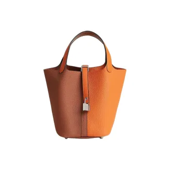 HERMES Picotin Clemence Bullock Leather Basket Bag Handbag Bucket Bag Women's Orange And Brown