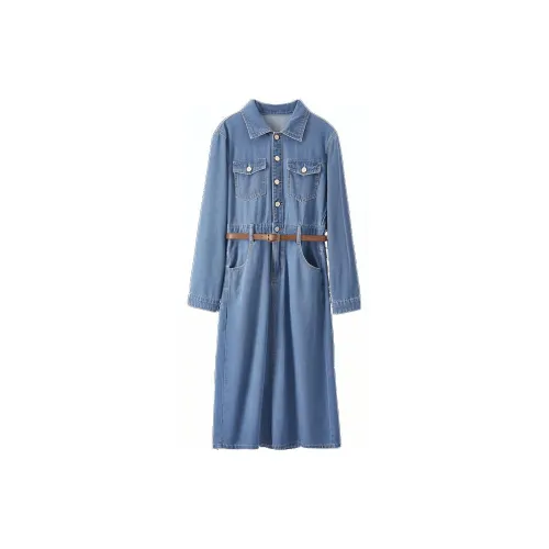 SENTUBILA Long-Sleeved Dresses Women's Denim Blue