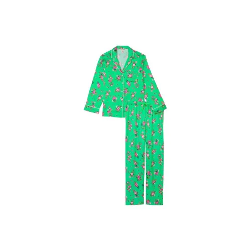 Victoria's Secret Satin Long Pajama Set Pajama Set Women's Green Flower Print