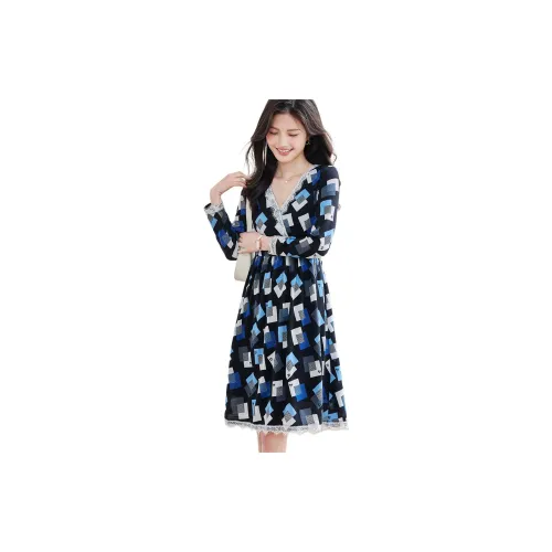 Like the age of water Long-Sleeved Dresses Women's Blue Square