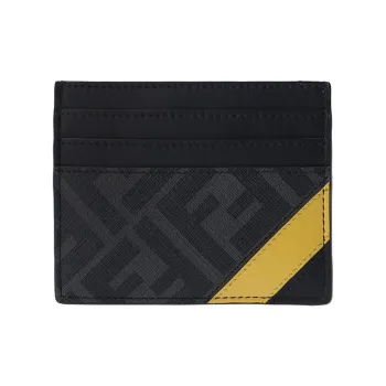 FENDI Coated Canvas With Leather Card Clip Card Holder Men's Black Gray Color