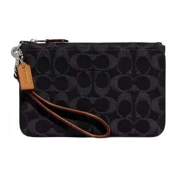 COACH Wristlet Denim With Leather Wrist Bag Clutch Small Size Women's Black