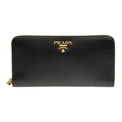 PRADA Pleated Leather Wallet Large Size Women's Black
