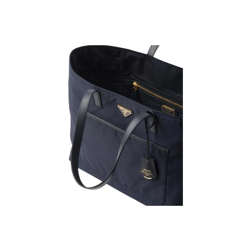 PRADA Re-Edition Recycled Nylon Saffiano Leather Tote Bag Shopping Bag Handbag Large Size Women's Blue-4