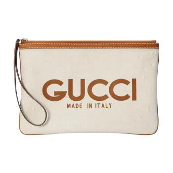 GUCCI Cotton-Linen Blend Canvas With Leather Trim Clutch Women's Beige & Light Brown