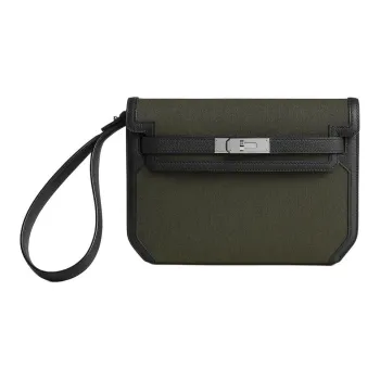 HERMES Kelly Depeches Woolycot Canvas With Togo Calfskin Clutch Men's Dark Green & Black