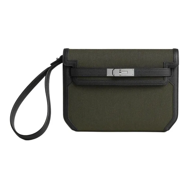 HERMES Kelly Depeches Woolycot Canvas With Togo Calfskin Clutch Men's Dark Green & Black-0