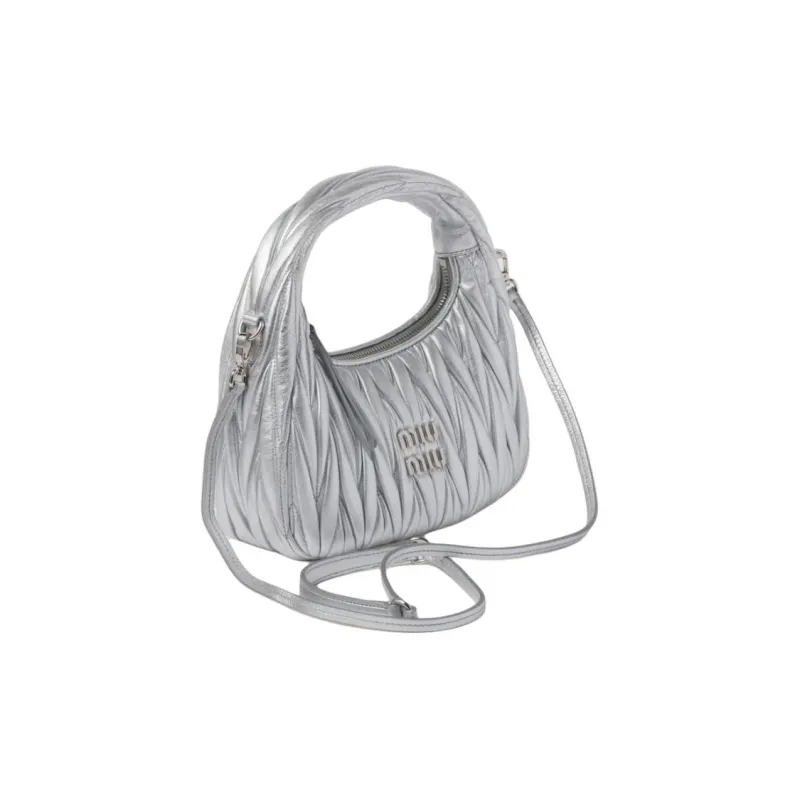 MIU MIU Wander Series Soft Sheep Leather Crescent Bag Shoulder Bag Crossbody Bag Handbag Small Size Women's Silver-3
