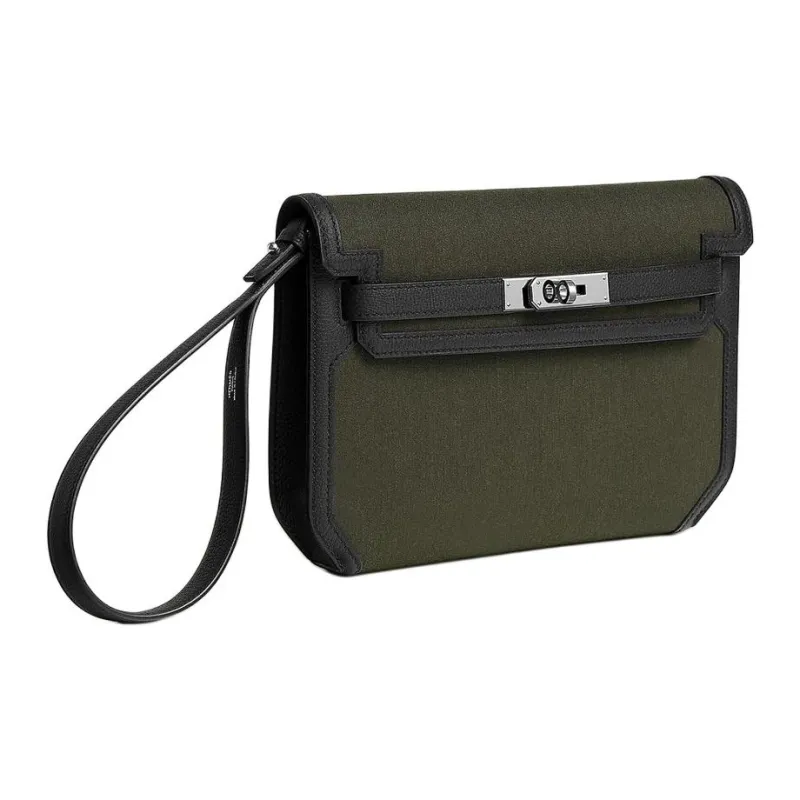 HERMES Kelly Depeches Woolycot Canvas With Togo Calfskin Clutch Men's Dark Green & Black-1