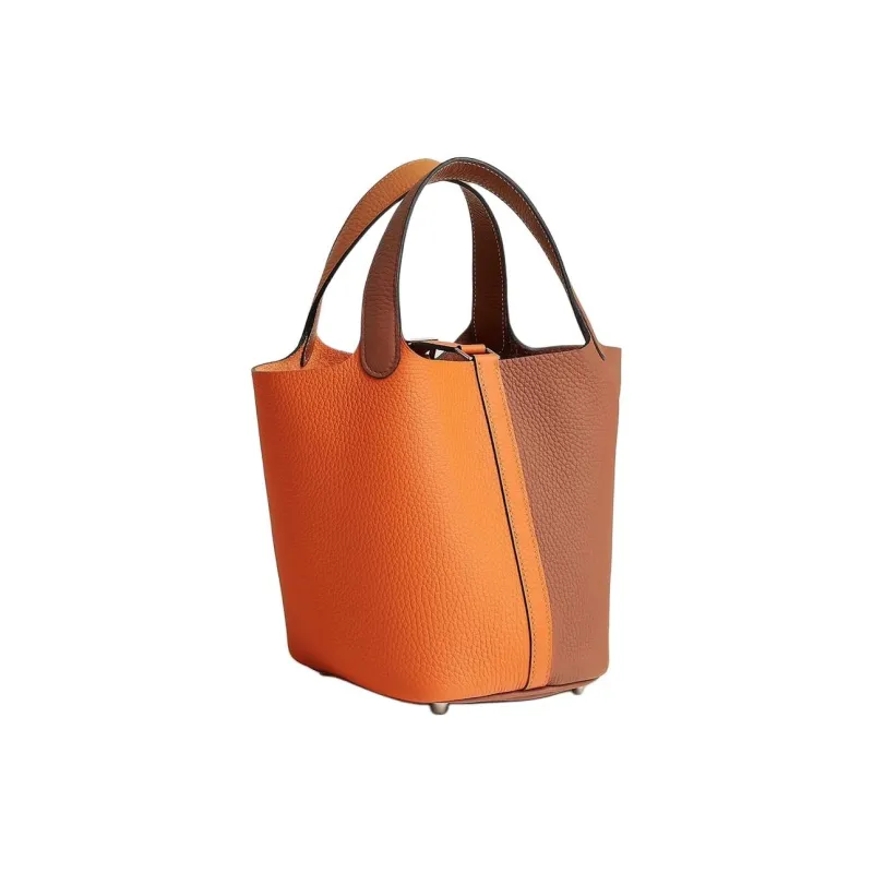 HERMES Picotin Clemence Bullock Leather Basket Bag Handbag Bucket Bag Women's Orange And Brown-2