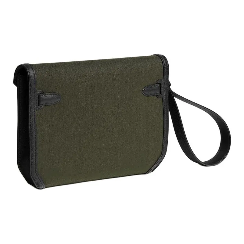 HERMES Kelly Depeches Woolycot Canvas With Togo Calfskin Clutch Men's Dark Green & Black-2
