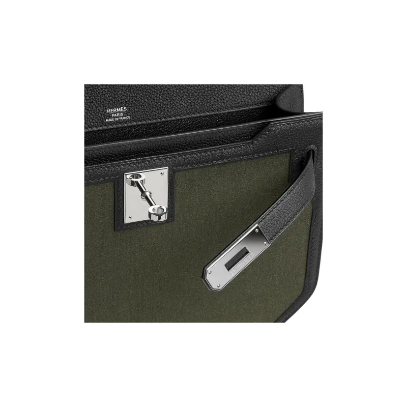 HERMES Kelly Depeches Woolycot Canvas With Togo Calfskin Clutch Men's Dark Green & Black-3