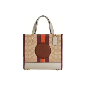 COACH Dempsey Canvas With Leather Tote Bag Shopping Bag Handbag Crossbody Bag Small Size Women's Light Khaki & Burgundy