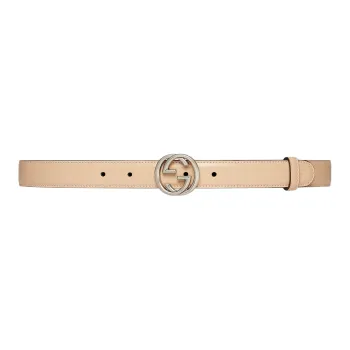 GUCCI Silver Smooth Buckle Silk Scarf Leather Belts Women's Beige Width 2.3cm