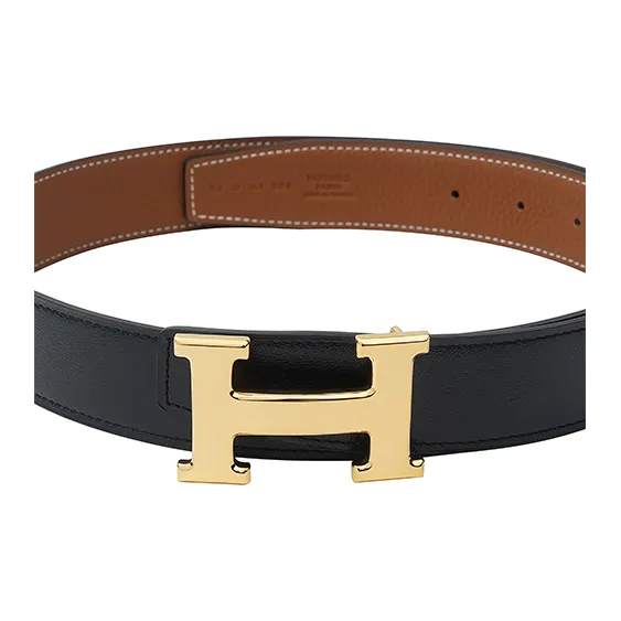 HERMES Togo Calfskin Leather Belts Men's Black/Gold Width 3.2cm-2