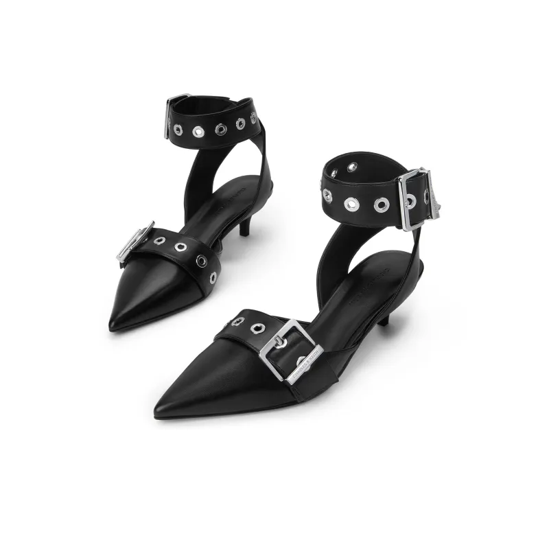CHARLES&KEITH Small Charles & Keith Gothic Style One Strap Sandals 5.3cm Women's Black/White-2