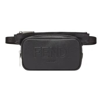 FENDI ROMA Full Grain Leather One Shoulder Crossbody Fanny Pack Men's Black