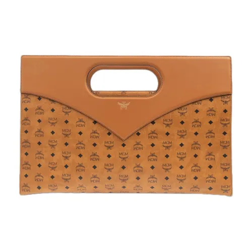 MCM Visetos Canvas Cow Leather Patchwork Handbag Extra Large Women's Cognac