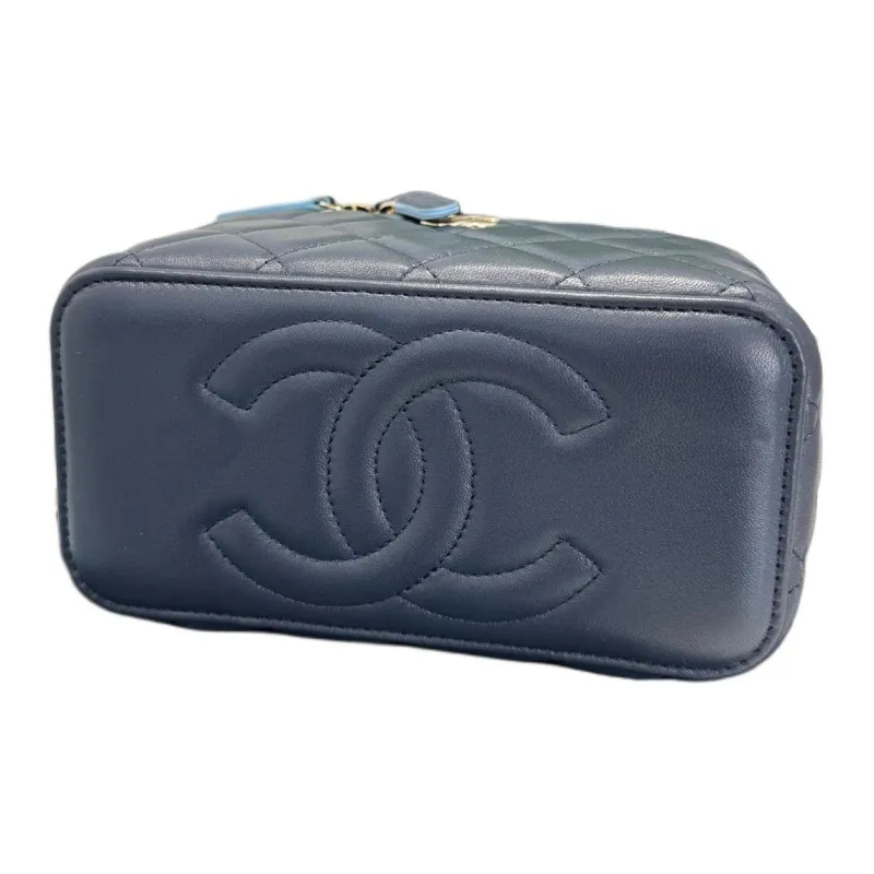 CHANEL Sheepskin With Leather Controller Makeup Bag, Handbag, Shoulder Bag, Crossbody Bag Women's Blue-1