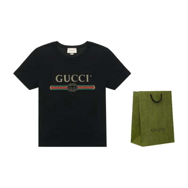 GUCCI Men Logo Washed Print T-shirt Black-2