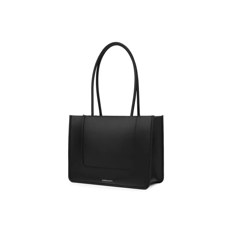 CHARLES&KEITH PU Tote Bag, Shopping Bag, Shoulder Bag Tubas Women's Cream Milk White/Noir Black-1