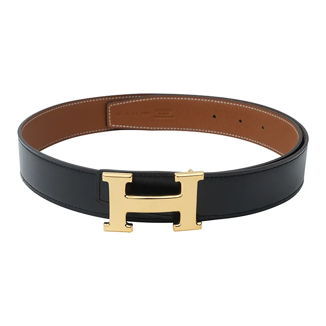 HERMES Togo Calfskin Leather Belts Men's Black/Gold Width 3.2cm-0