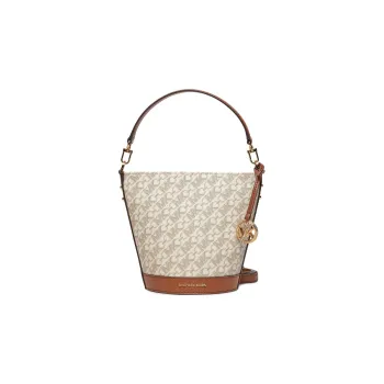 MICHAEL KORS Coated Canvas Bucket Bag, Handbag, Shoulder Bag, Crossbody Bag Small Size Women's White & Acorn Brown