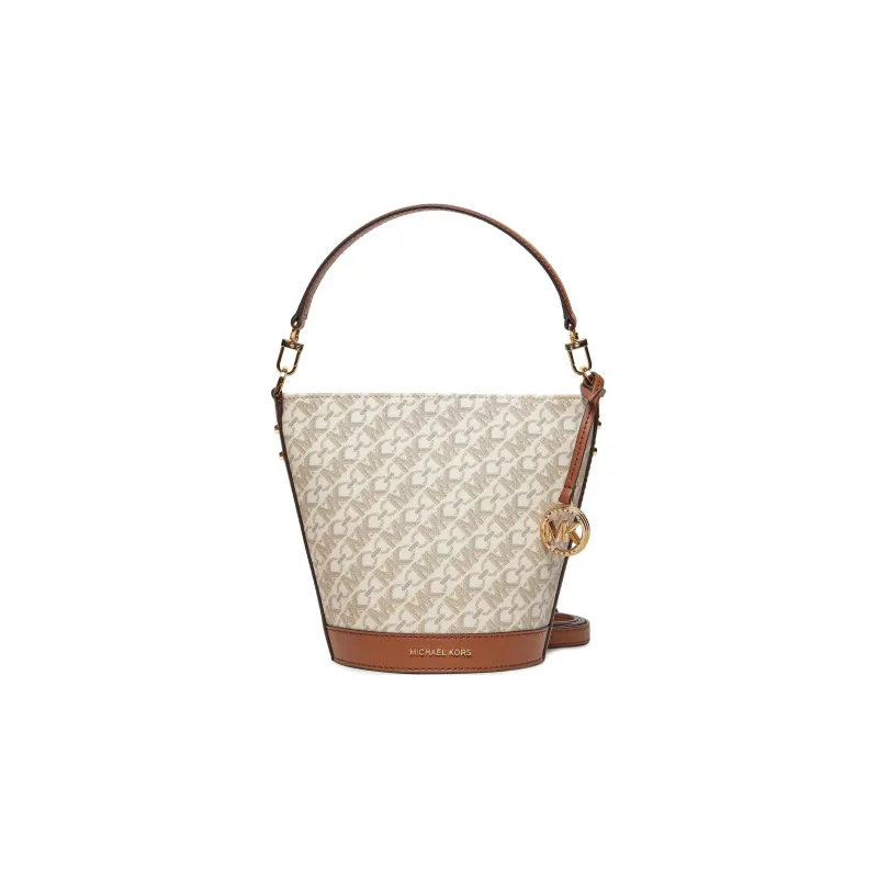 MICHAEL KORS Coated Canvas Bucket Bag, Handbag, Shoulder Bag, Crossbody Bag Trumpets Women's White & Acorn Brown-0