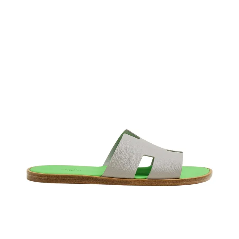 HERMES Izmir Sandal Gris Quartz Vert Fluo Epsom Calfskin Leather-1