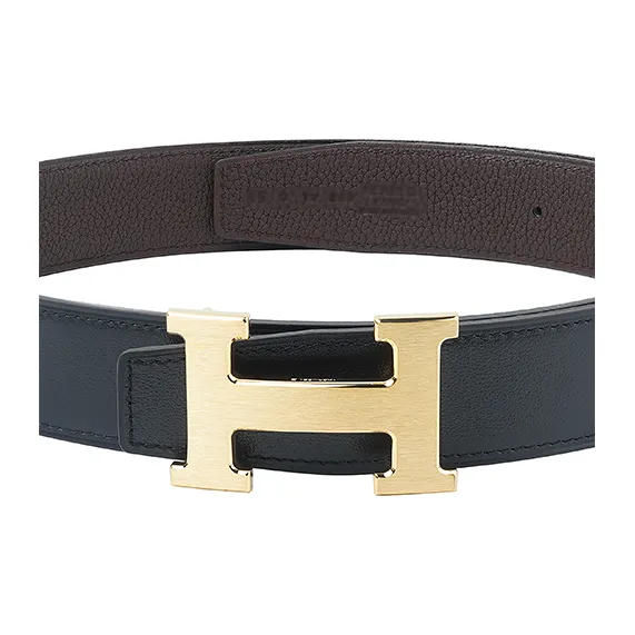 HERMES Togo Calfskin Double-Sided Leather Belts Unisex Black/Chocolate Width 3.2cm-3